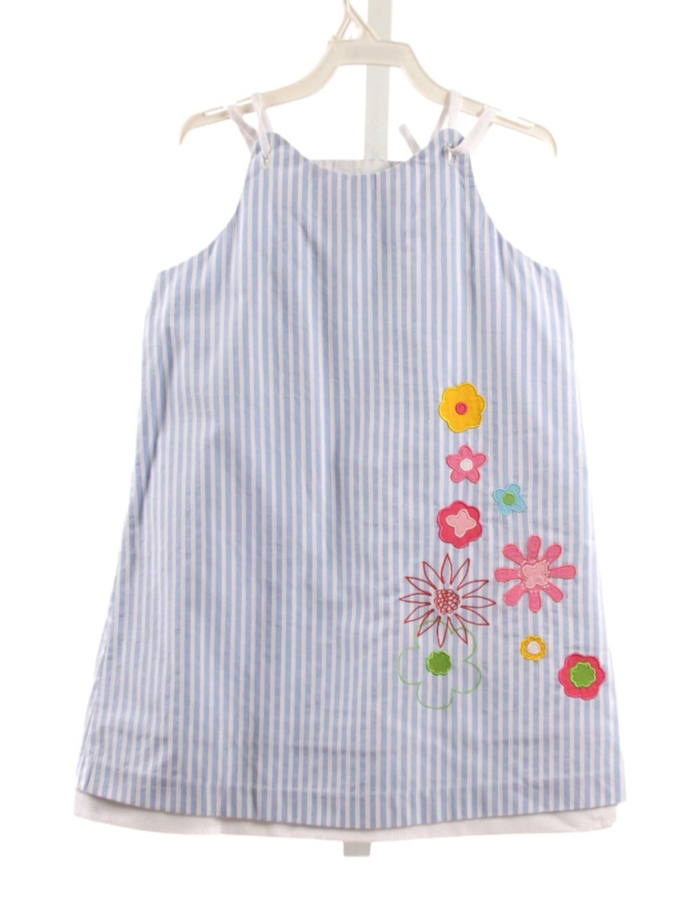 Florence Eiseman Light Blue Striped Dress with Floral Appliqués SZ 6